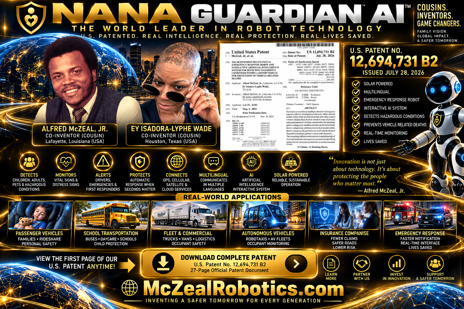 NANA Guardian AI patent presentation featuring the inventors, patented vehicle-safety concepts and McZealRobotics.com